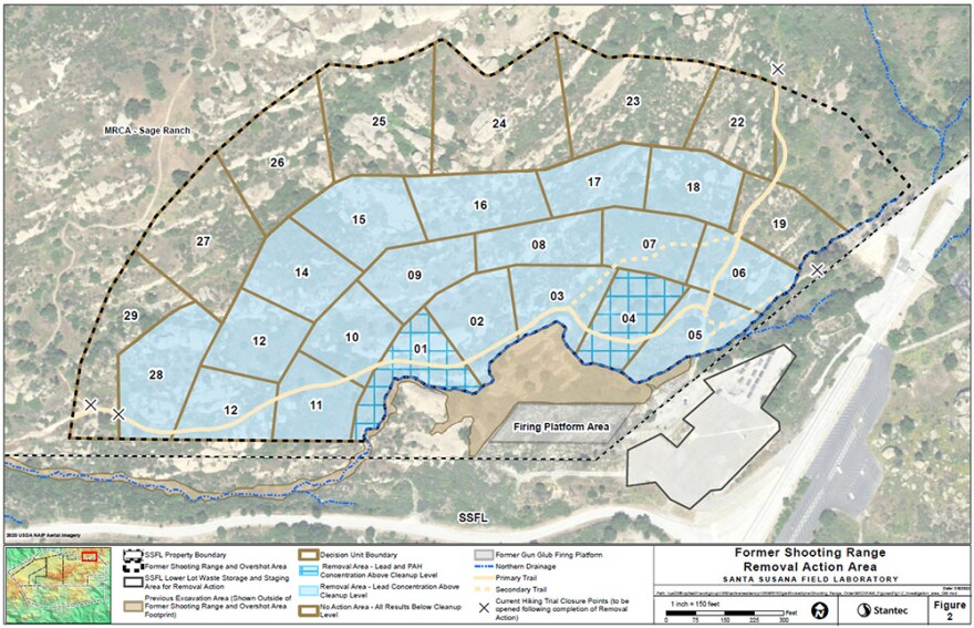 A map shows shaded grids in light blue, indicated areas where contaminated soil will be cleaned up.