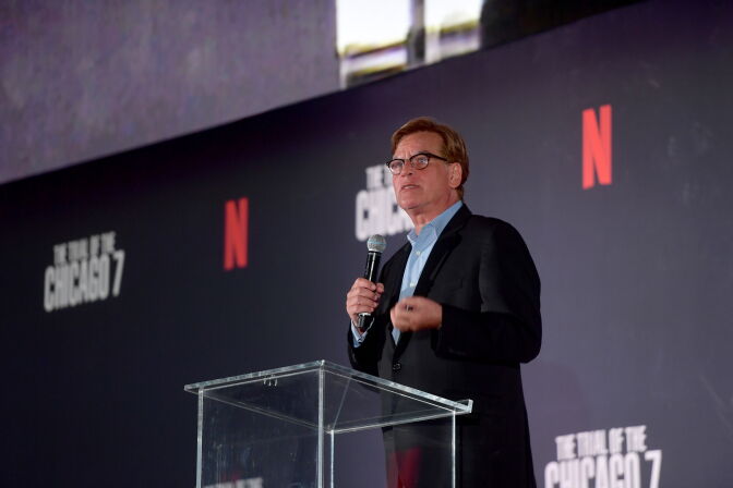 PASADENA, CALIFORNIA - OCTOBER 13: Aaron Sorkin speaks onstage during Netflix's "The Trial of the Chicago 7" Los Angeles Drive In Event at the Rose Bowl on October 13, 2020 in Pasadena, California. (Photo by Matt Winkelmeyer/Getty Images for Netflix)