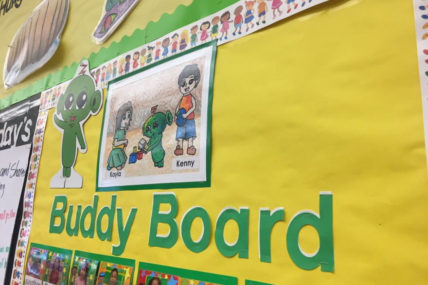 Every two weeks the four-year-olds are partnered with a different classmate for daily activities so all of the kids get a chance to interact.