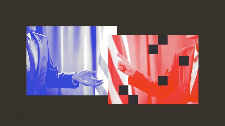 Two photos, both with close up shots of men wearing suits and holding their hands out, overlap one another. The left photo has a blue filter on it, the right photo has a red filter on it.