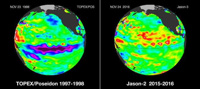 A strong La Niña from the winter of 1997-1998 (left), compared to this year's much less powerful La Niña (right).