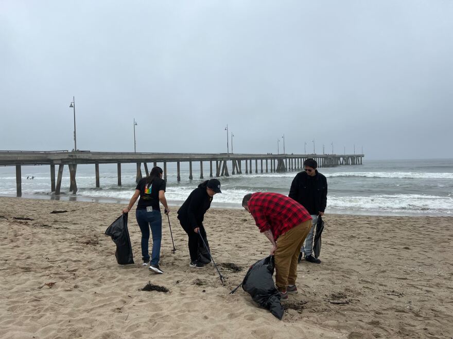 Four people pick up trash on the beach on an overcast day. Three of the people are wearing dark tshirts while one is wearing a red and black plaid shirt and khaki pants. The volunteers are holding trash bags.