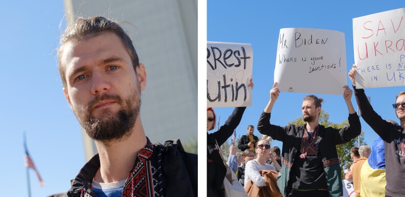 A bearded protester looks directly at the camera and in another photo is holding a sign that reads: "Mr. Biden, where is your sanctions?"