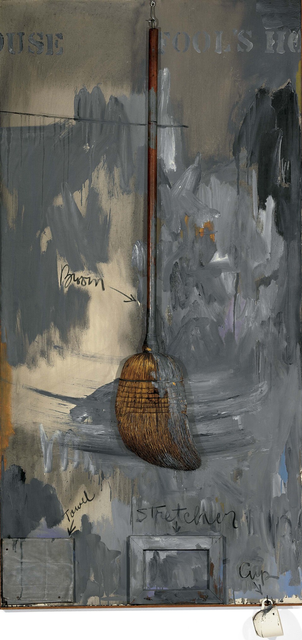 Jasper Johns, Fool’s House, 1961–62. Oil on canvas with broom, sculptural towel, stretcher and cup. Private collection.
