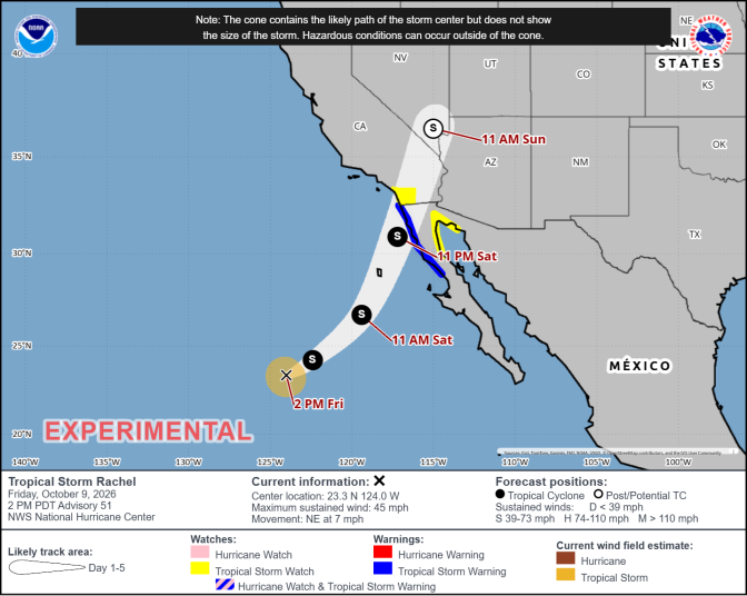 NOAA forecast map shows Tropical Storm Rachel's cone tracking northeast from Baja California toward Arizona, with watches and warnings along the coast.