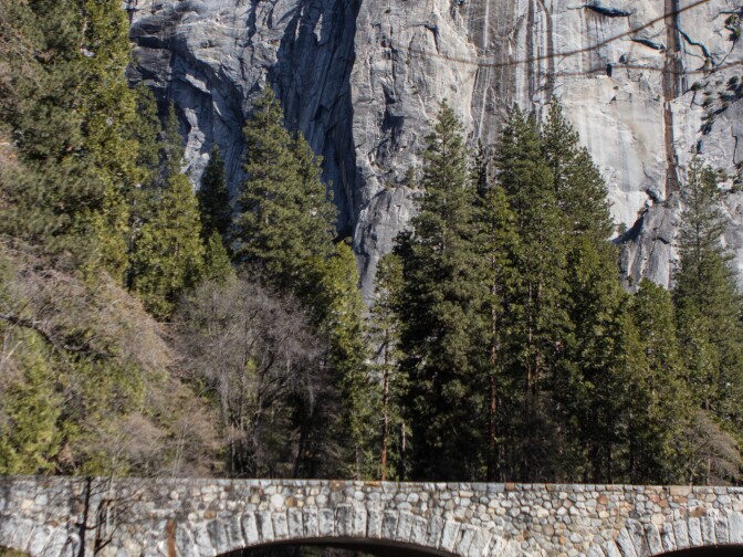 The Ahwahnee Bridge, one of three old stone bridges that cross the Merced River. Under the National Park Service plan, this bridge would remain in place. Another bridge, the Sugar Pine Bridge, would be removed. 
