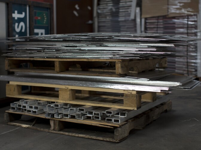 Metal used for traffic signs are stored at JCL Traffic in Los Angeles. The sign company produces banners, film set signs, traffic signs and more.