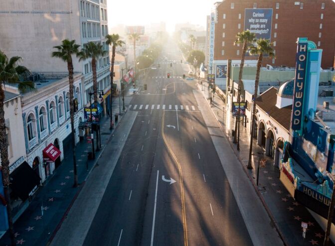 An aerial view looking east along Hollywood Blvd on April 27, 2020 in Hollywood, California during the coronavirus COVID-19 pandemic. (Photo by Robyn Beck / AFP) (Photo by ROBYN BECK/AFP via Getty Images)
