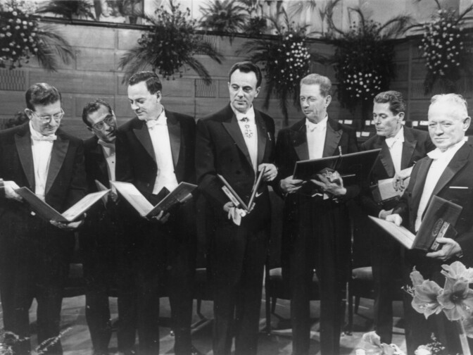A group of Nobel prize winners on Dec. 13, 1965 after the presentation ceremony in Stockholm, (from left) Professor R B Woodward who won the prize for chemistry, Professor Julian Schwinger and Professor Richard Feynman, the winners of the prize for physics, Professor Francois Jacob, Professor Andre Lwoff and Jacques Monod, the winners of the prize for medicine and the author Mikhail Sholokhov, the winner of the prize for literature.
