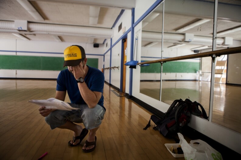 Former Marine Corps sniper Richard Gilbert crams for a final exam in one of his communications classes at the University of California-San Diego in March. Gilbert was diagnosed with a traumatic brain injury while he was deployed in Iraq. He’s developed systems and tools to work around the symptoms of his condition and navigate life as a college student with TBI. 