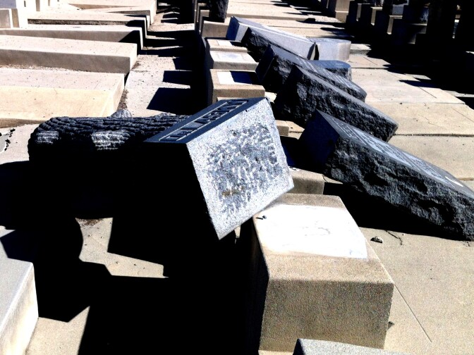 Toppled headstones at East LA's neglected Mt Zion cemetery.