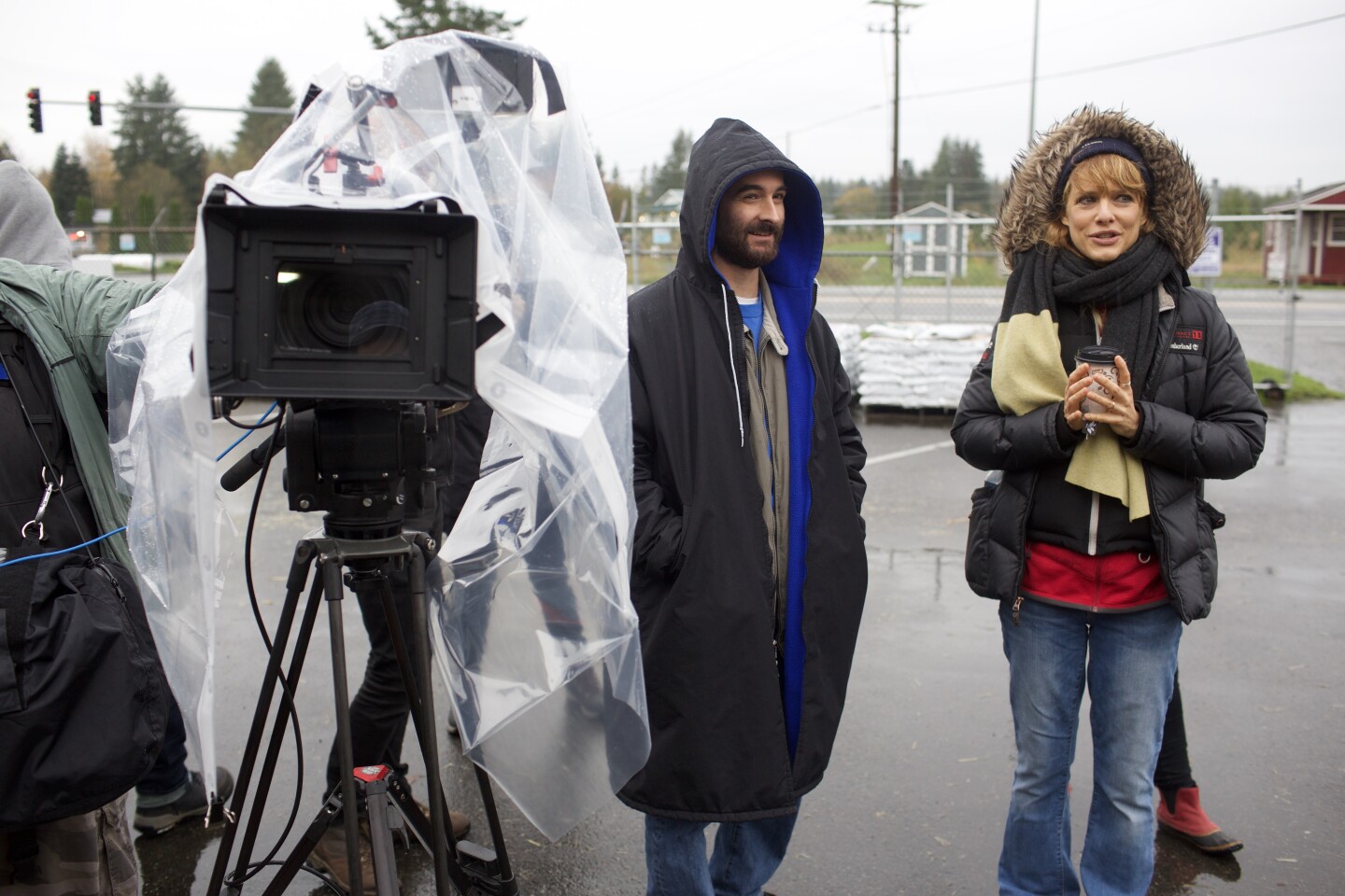 Director Lynn Shelton and actor Jay Duplass on the set of "Outside In."