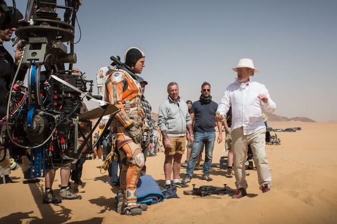 On location in Jordan, Ridley Scott directs Matt Damon, in "The Martian."