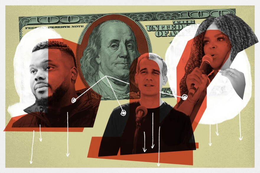 Illustration shows, from left-to-right: Former Stockton Mayor Michael Tubbs, Los Angeles Mayor Eric Garcetti, Compton Mayor Aja Brown.