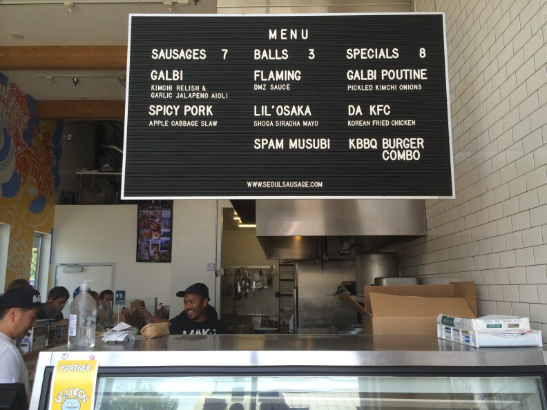 The menu board at Seoul Sausage in West Los Angeles. 