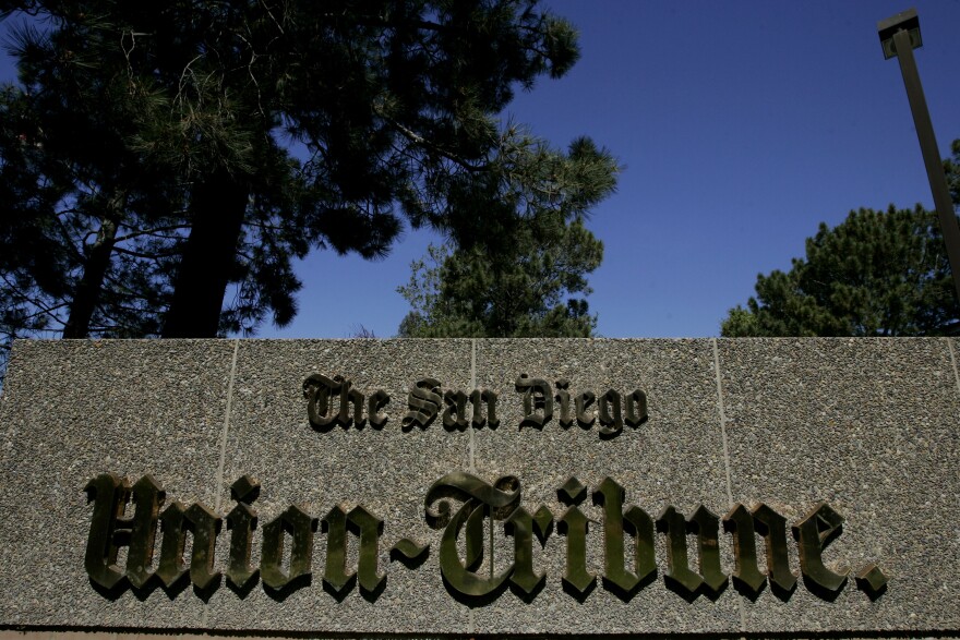 SAN DIEGO, CA - MARCH 18:  A sign sits on display at the front entrance to the offices of the San Diego Union-Tribune newspaper on March 18, 2009 in San Diego, California. The Copley Press Inc. announced today that they have signed a definitive agreement to sell the Union-Tribune to private equity firm Platinum Equity.  (Photo by Sandy Huffaker/Getty Images)