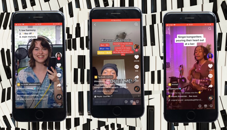 Three cell phones in a row show people doing posts on TikTok