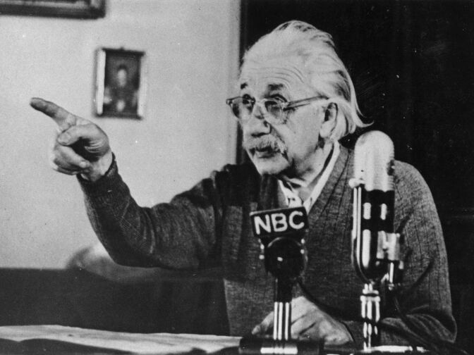 Mathematical physicist Albert Einstein (1879 - 1955) delivers one of his recorded lectures circa 1955.