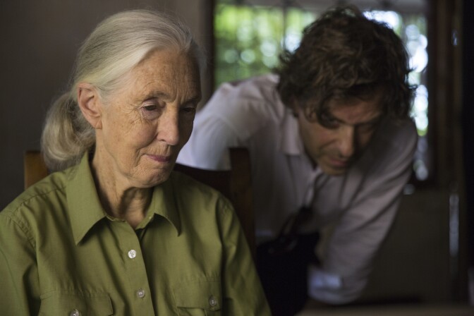 Jane Goodall and award-winning director Brett Morgan during production  of Jane in Tanzania.
 (photo credit: National Geographic/David Guttenfelder)