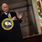 California Gov. Jerry Brown gives a speech at Los Angeles City Hall on January 18, 2012 in Los Angeles.