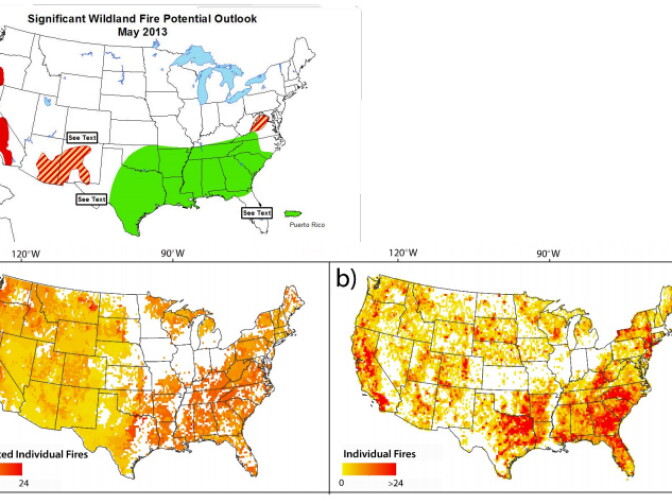 Preliminary maps from JPL's F-DAS system study show a more detailed projection of where wildfires are likely to occur. The US Forest Service's map is shown above right. JPL's maps are shown bottom left and right. 