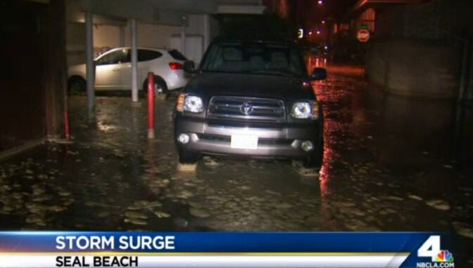 A storm surge generates high surf and leads to flooding in Southern California coastal communities, including Seal Beach.