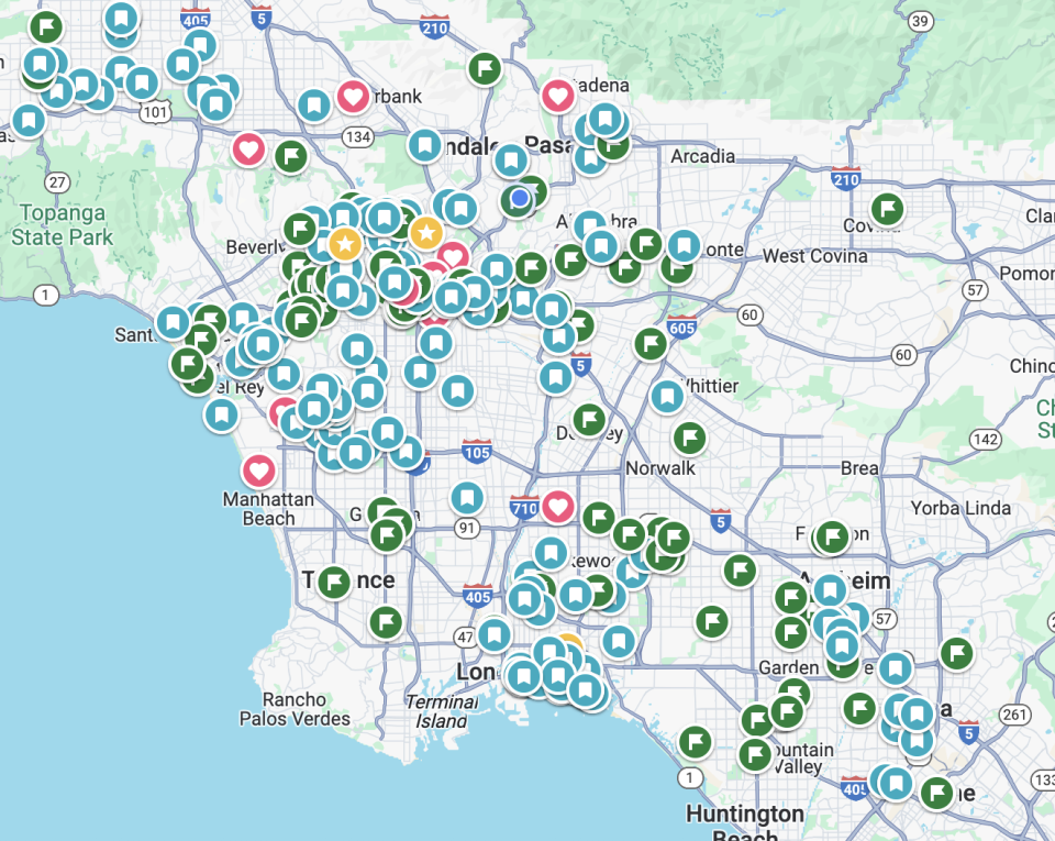 A screenshot from Google Maps of Los Angeles and Orange County with different icons markers throughout it. 