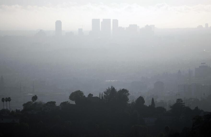 A view of downtown Los Angeles,California is seen on a smoggy afternoon, 02 November 2006. Due to the city's geography making it susceptible to atmospheric inversion as well as the heavy reliance on automobiles as a major source of transportation, the city suffers from air pollution in the form of smog. 