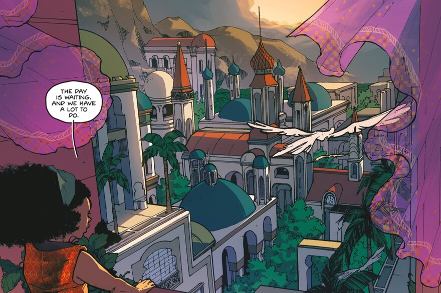 Adora looks out a balcony at a city, past purple curtains, with minarets and other design elements indicating a Middle Eastern town. Adora has long natural hair in a headscarf. Text balloon: "The day is waiting, and we have a lot to do."