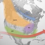An arrow moving left to right indicates a low jet stream across the southern U.S. with a band of wet weather in the southwest, drive weather over much of the south and midwest and warm weather over the plains and northwest.