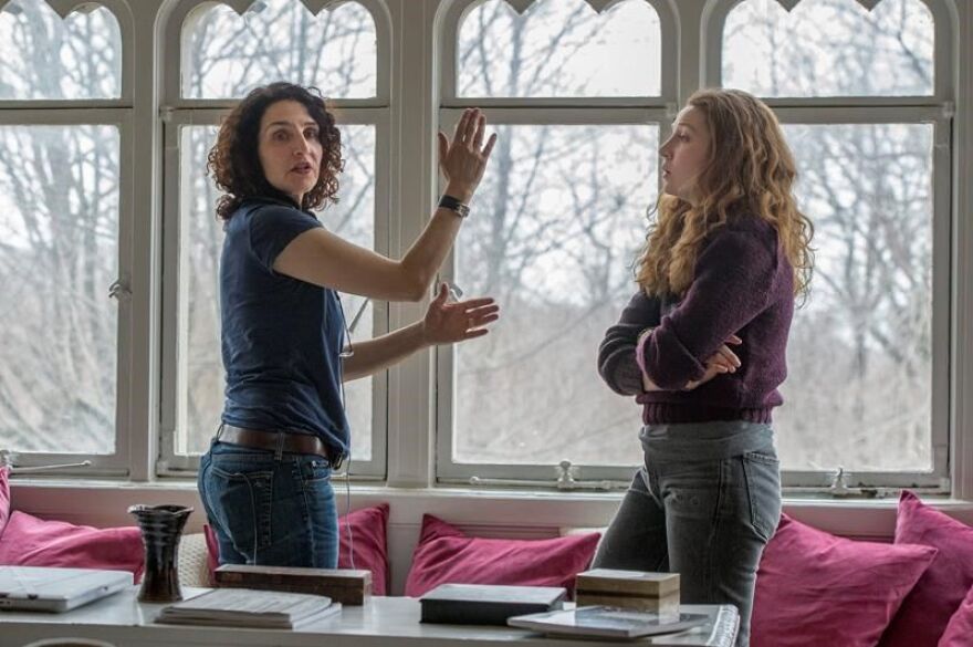 Writer/director Tamara Jenkins (left) with actress Kayli Carter on the set of "Private Life."
