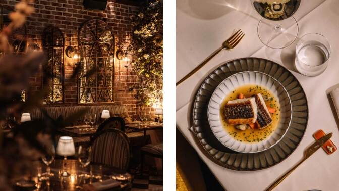A collage of side-by-side images: On the left, is the interior of a restaurant that will make you feel like you were whisked away to a Parisian brasserie, from the smartly striped seating to the sconces that adorn each table, and the ivy making its way up the brick wall decor. On the right is a charger and matching white plate, serving up seared pieces of fish resting on a bed of diced carrots and a clear, saucy broth. The knife is perched on a decorative rest, so you know this is fine dining.