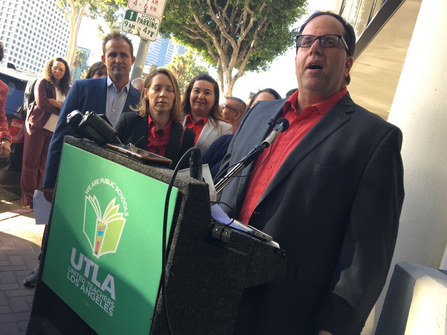 Alex Caputo-Pearl, president of United Teachers Los Angeles, the labor union representing L.A. Unified School District teachers, speaks outside district headquarters on Tues., Nov. 7, 2017.
