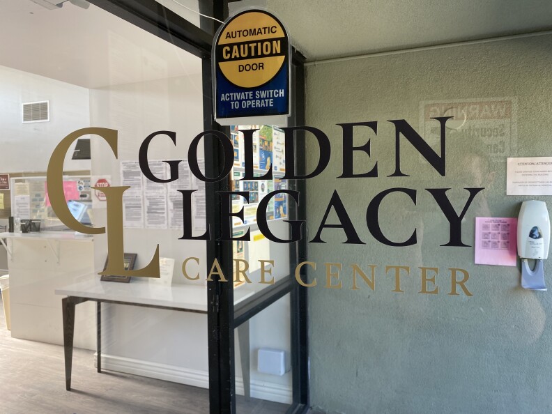  A photo showing the front door at Golden Legacy Care Center in Sylmar.