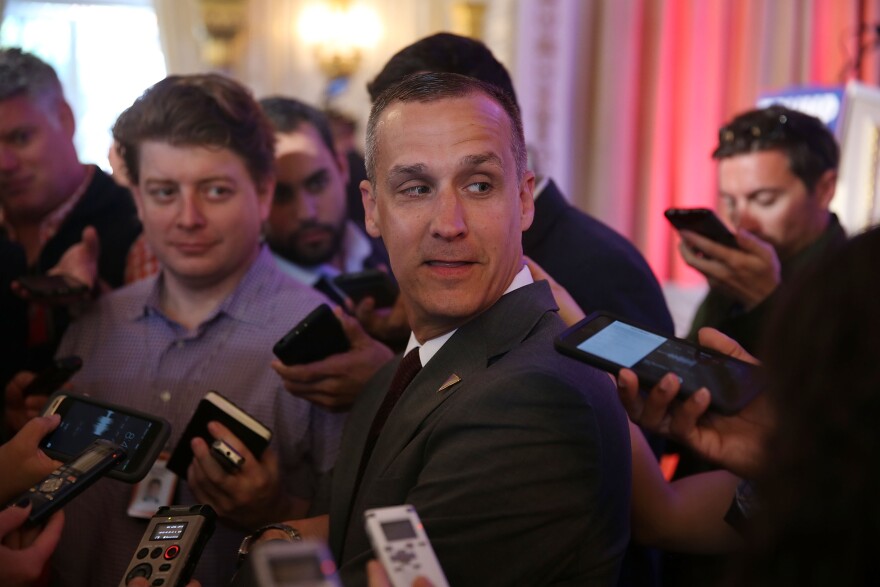 Corey Lewandowski, campaign manager for Republican presidential candidate Donald Trump, speaks with the media.