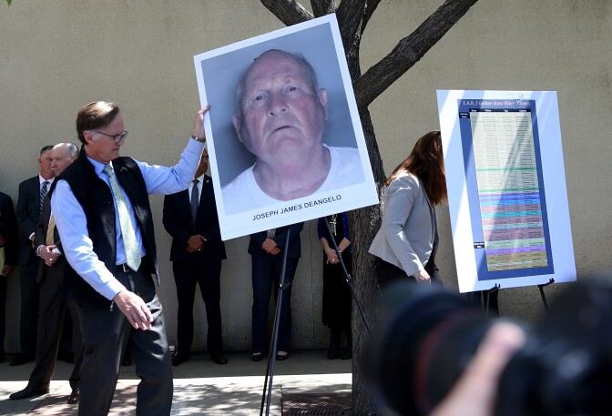 SACRAMENTO, CA - APRIL 25:  A photo of accused rapist and killer Joseph James DeAngelo is displayed during a news conference on April 25, 2018 in Sacramento, California. Sacramento district attorney Anne Marie Schubert was joined by law enforcement officials from across California to announce the arrest of 72 year-old Joseph James DeAngelo who is believed to be the the East Area Rapist, also known as the Golden State Killer, who killed at least 12, raped over 45 people and burglarized hundreds of homes throughout California in the 1970s and 1980s.  (Photo by Justin Sullivan/Getty Images)