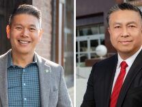 Two photos side by side. Left photo pictures a smiling man wearing a grey jacket and blue and grey plaid  shirt. Right photo pictures a man wearing a black suit, white shirt and red tie.