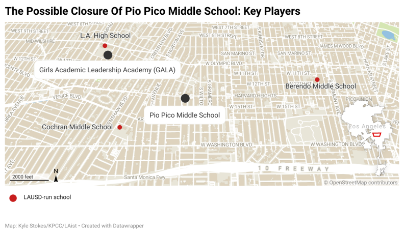A map of Mid-City Los Angeles with the 10 Freeway running along the bottom of the image. The map shows the relative locations of Pio Pico Middle School to several other nearby campuses: to the northwest, Girls Academic Leadership Academy (GALA) and L.A. High School; to the southwest, Cochran Middle School; and to the east, Berendo Middle School.