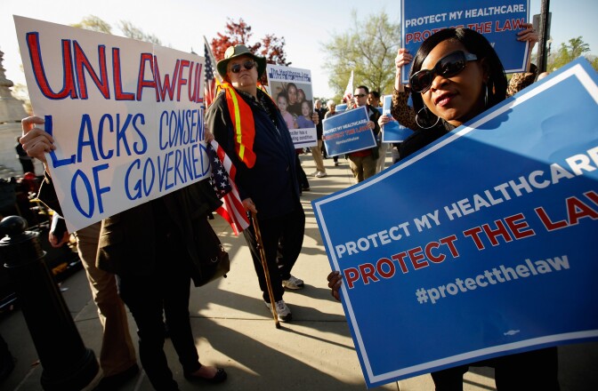 Demonstrators for and against the Patient Protection and Affordable Care Act march and chant in outside the U.S. Supreme Court Building on March 26, 2012 in Washington, DC. Today the high court, which has set aside six hours over three days, will hear arguments over the constitutionality of the act.  