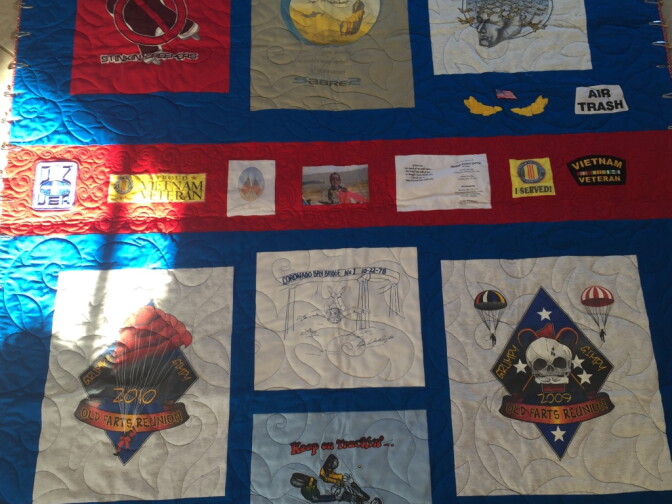 A 'memory quilt' Maureen Gerwig is sewing in honor of her late husband, who served in the Vietnam War and later took up skydiving.