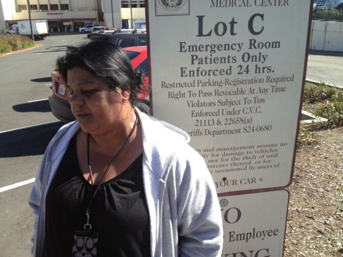 Maria Salazar, of San Diego, talks about the injuries her daughter, Diana Maldonado, 28, suffered during a tour bus crash. Her daughter was thrown from the bus and flown by helicopter to Loma Linda University Medical Center. At least 8 people died in the wreck.