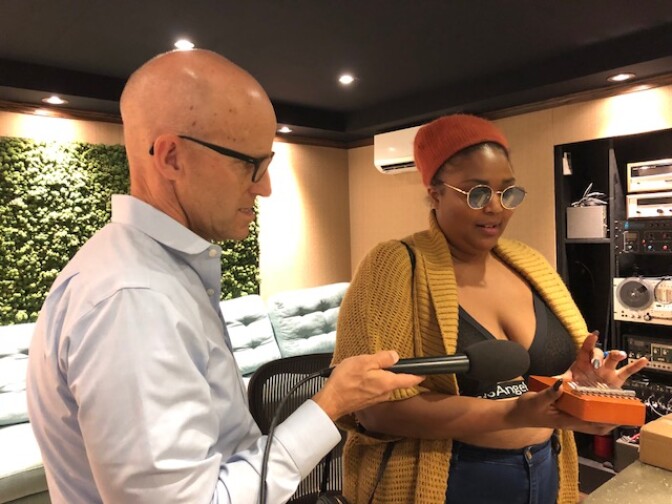 The Frame's John Horn with Lizzo in her Los Angeles studio.