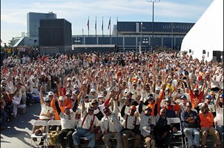 John asked the tradesmen gathered for the topping off ceremony to raise their hand if they listened to Off-Ramp.