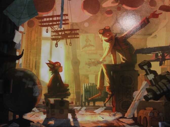 Page in a book of concept art for "The Little Prince" kept inside the "magic suitcase" used for pitching investors and artists, cast and crew.