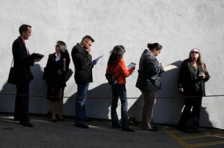 Job seekers wait in line to enter the California Job Journal HIREvent February 10, 2009 in San Francisco, California. With the nation's unemployment rate at 7.6 percent, hundreds of job seekers flocked to the California Job Journal HIREvent job fair where approximately 1,700 jobs from a variety of different companies were available.