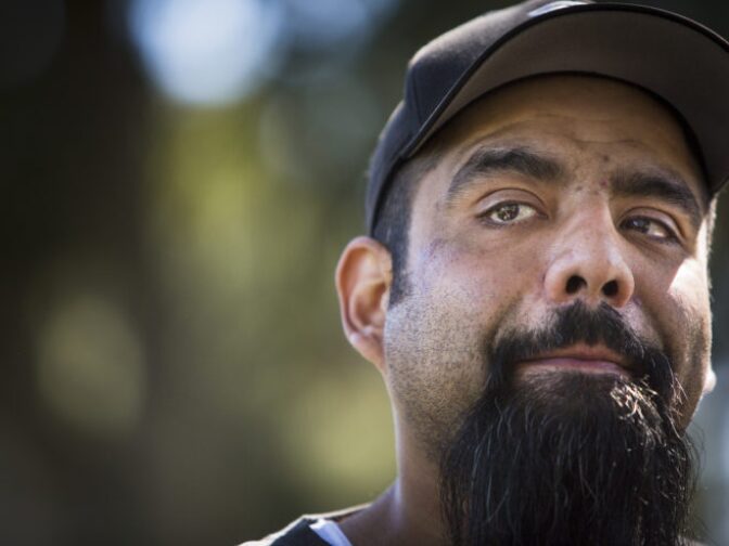 Dennis Cruz tears up while telling his story of his multiple injuries from working at the Tesla factory in Fremont, CA on March 11, 2018. Cruz' pay was cut in half while on workers compensation after an adhesive got in his eyes at the plant, leaving him homeless for months.