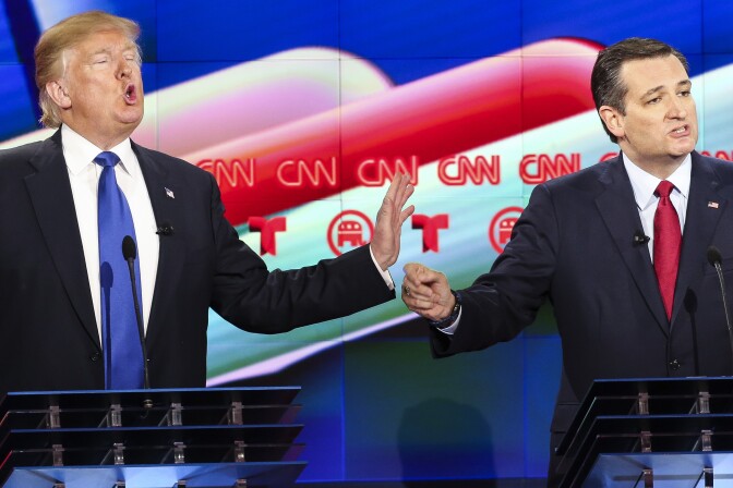 HOUSTON, TX - FEBRUARY 25:  Donald Trump (L) and Sen. Ted Cruz (R-TX) talk over each other in the Republican presidential debate at the Moores School of Music at the University of Houston on February 25, 2016 in Houston, Texas. The debate is the last before the March 1 Super Tuesday primaries.  (Photo by Michael Ciaglo-Pool/Getty Images )