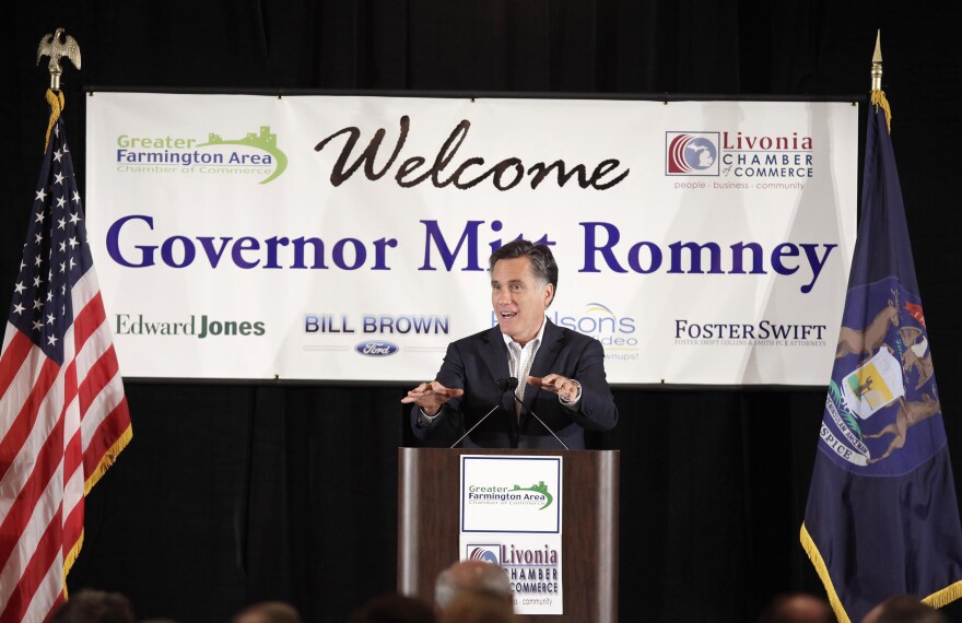 FARMINGTON HILLS, MI - FEBRUARY 16: Republican presidential candidate, former Massachusetts Gov. Mitt Romney speaks to supporters at The Greater Farmington Area Chamber of Commerce luncheon February 16, 2012 in Farmington Hills, Michigan. Romney was campaigning in Michigan ahead of the state's February 28 primary. (Photo by J.D. Pooley/Getty Images)