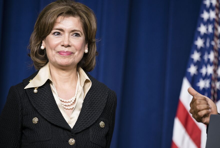 File: Maria Contreras-Sweet listens to President Barack Obama announce her as his nomination to lead the Small Business Administration during an event on the White House grounds Jan. 15, 2014 in Washington, D.C.
