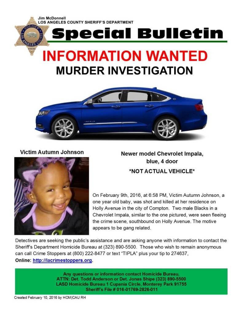 File: A special bulletin issued by the Los Angeles County Sheriff's Department, seeking information in the fatal shooting of 1-year-old Autumn Johnson in Compton.